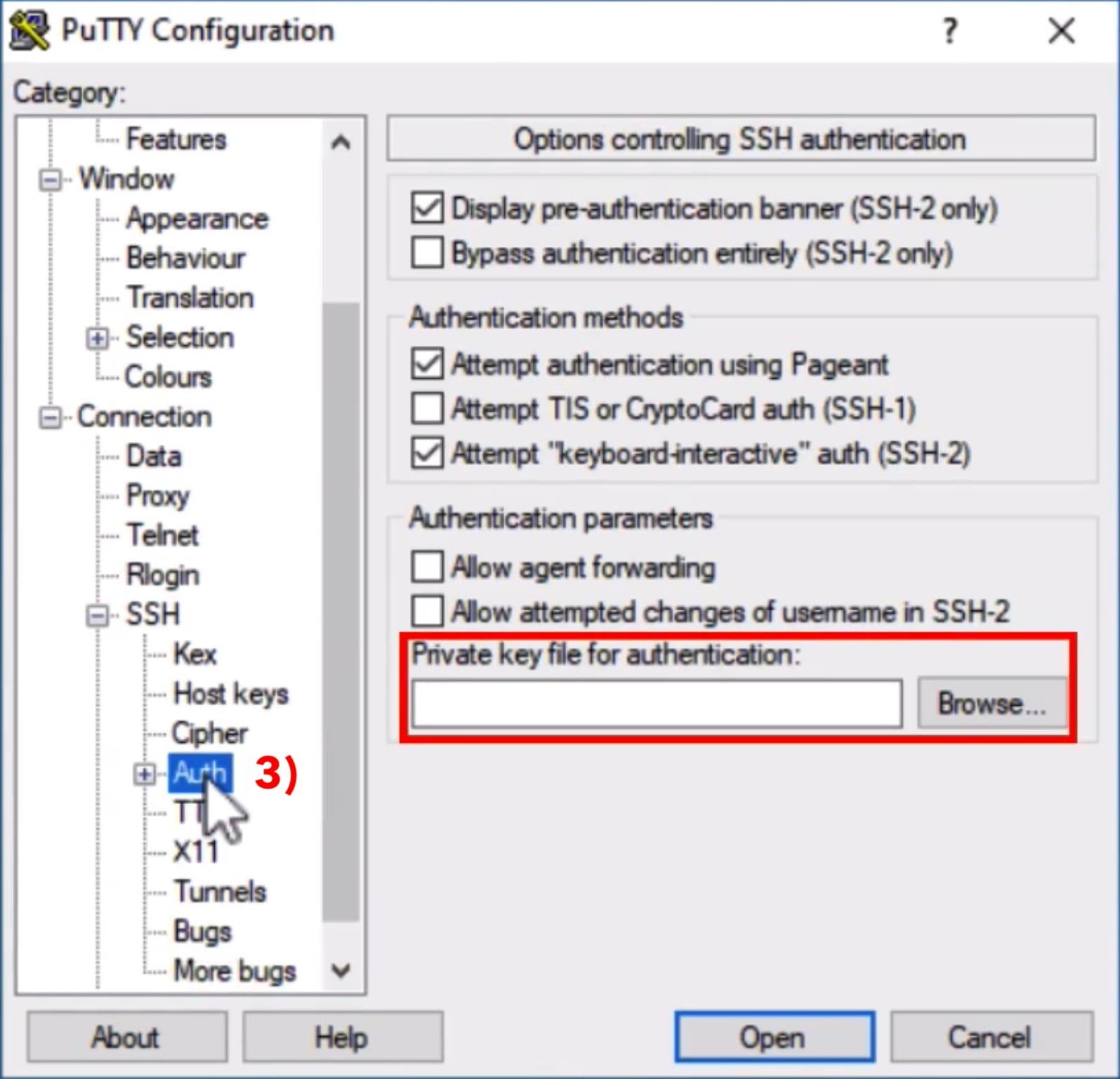 putty settings for ssh session windows server