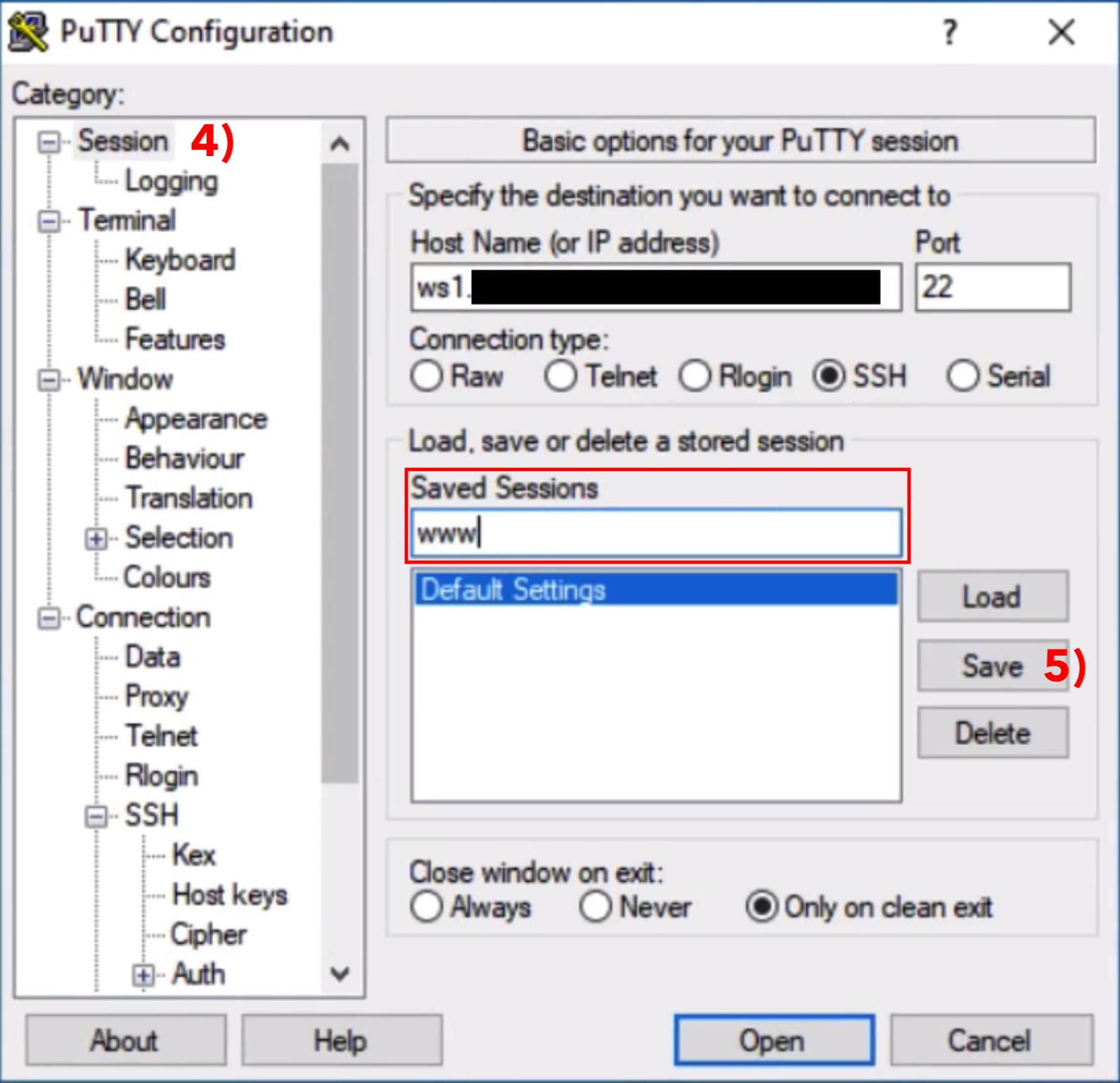 putty settings for ssh session